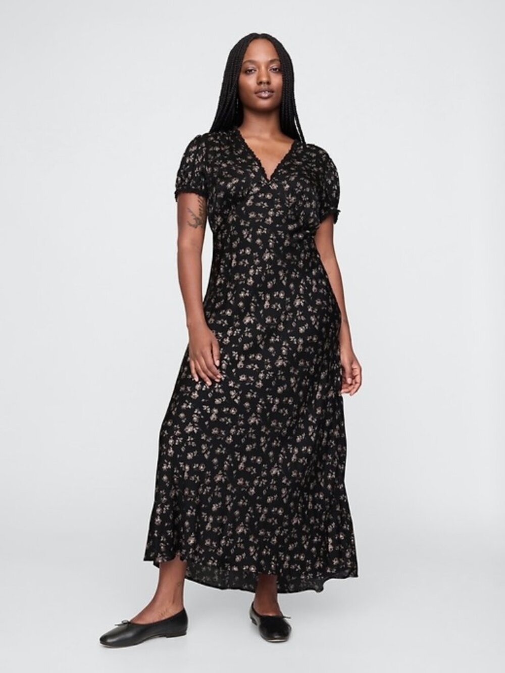 Gap Satin Lace-Trim Black Floral Maxi Dress